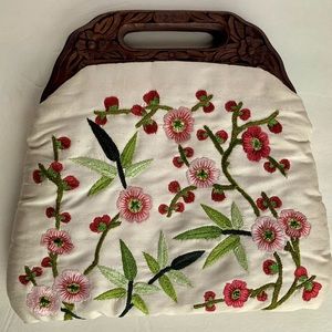Tracy Reese Embroidered Bag with Wooden Handles